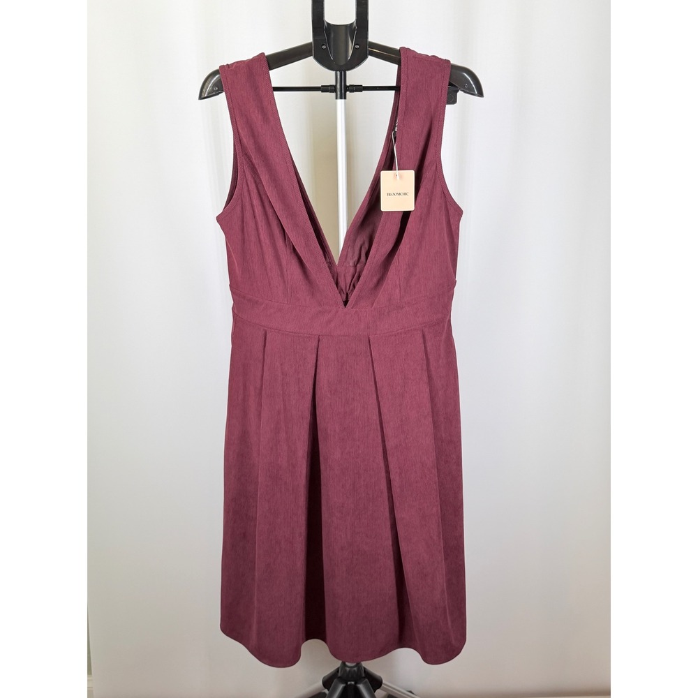 Bloomchic Burgundy Corduroy Deep V-Neck Empire Waist Pleated Dress US 12 NWT
